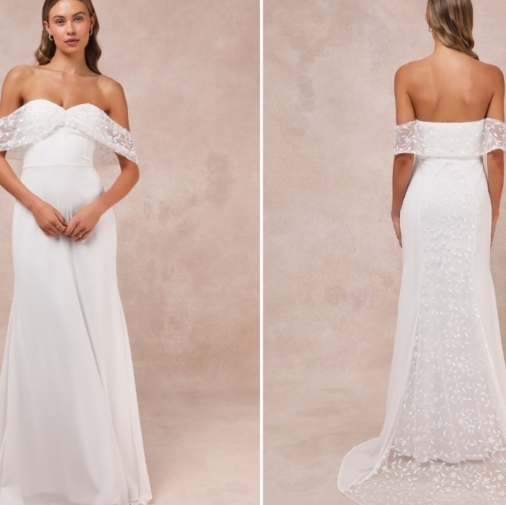 Lulu's wedding dress -- Floral Embroidered Off the Shoulder